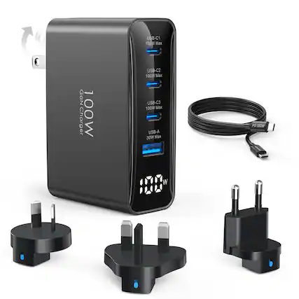 USB-C1 100W Max
USB-C2 100W Max
USB-C3 100W Max
USB-A 30W Max
PD 100W
100W GaN Charger