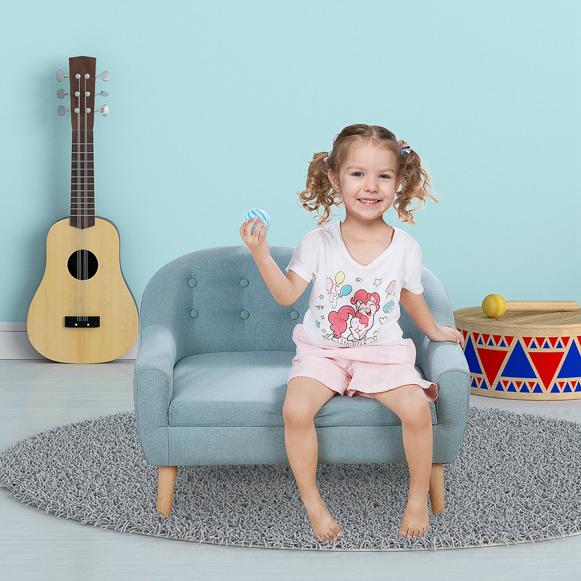 Angle. Qaba - Kids Sofa, Toddler Sofa Couch, Linen-Like Fabric & Wood Frame Sofa Chair for Ages 3-7 - Blue.