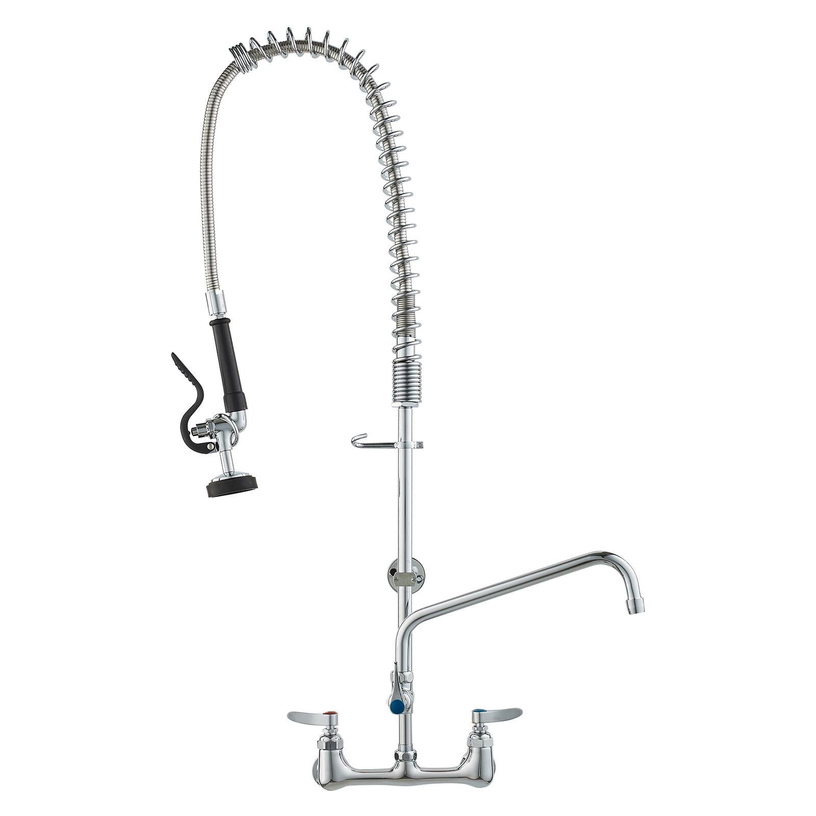 Wall-Mounted Brass Kitchen Faucet, 36" Tall, 8" Installation Width, Includes 12" Rotating Spout and Pull-Down Sprayer