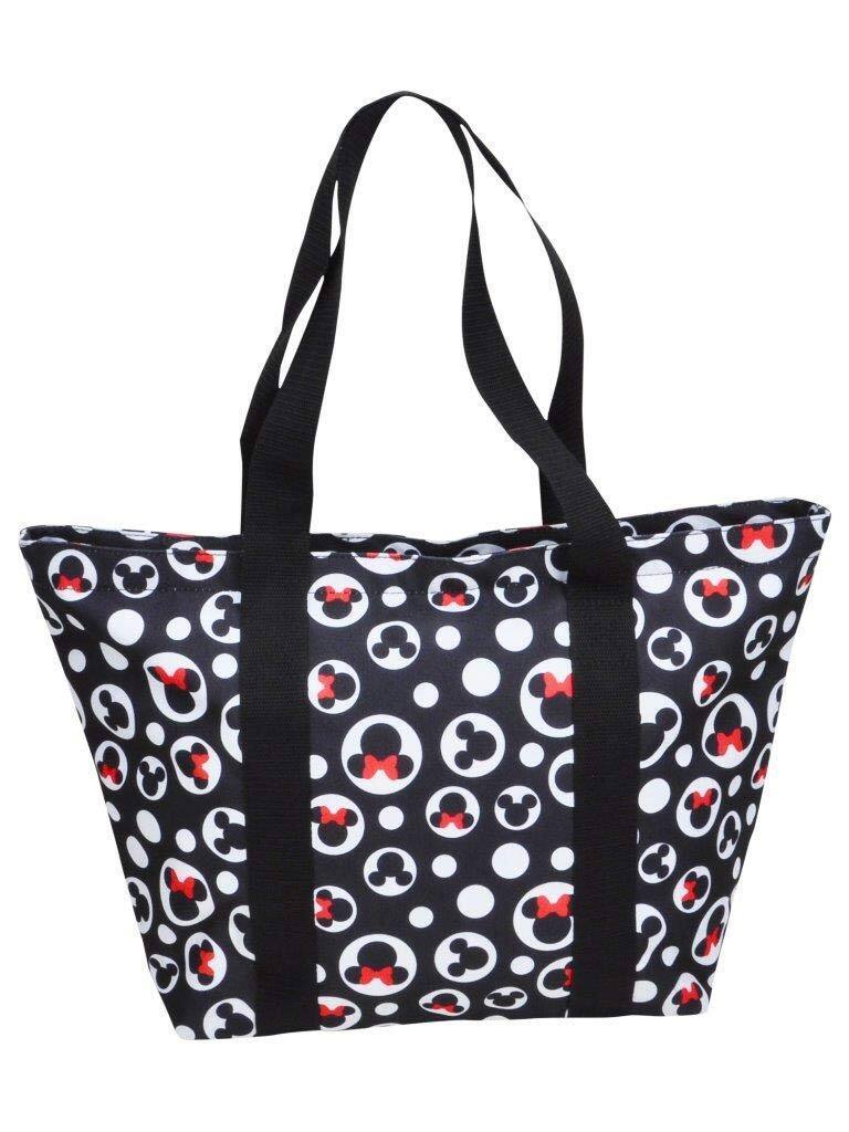 Front. Vulpecula Spade - Tote Mickey & Minnie Mouse Icon Print Zipper Travel Bag - Black.