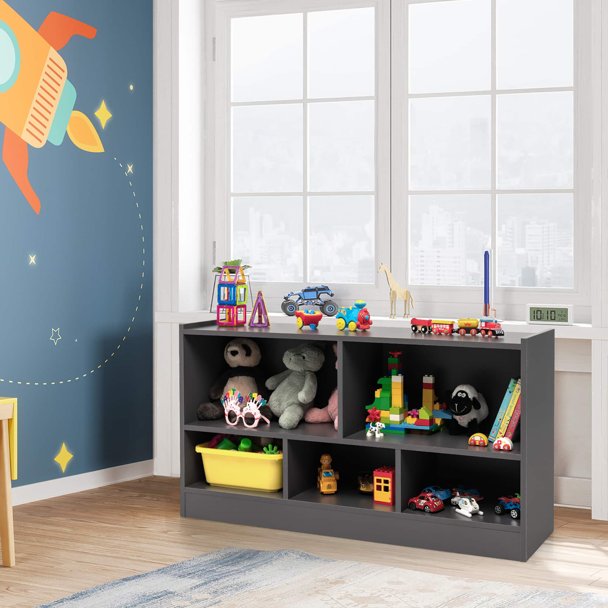 Gymax - Kids 5-Cube Storage Cabinet 2-Shelf Wood Bookcase Organizer Grey - Natural