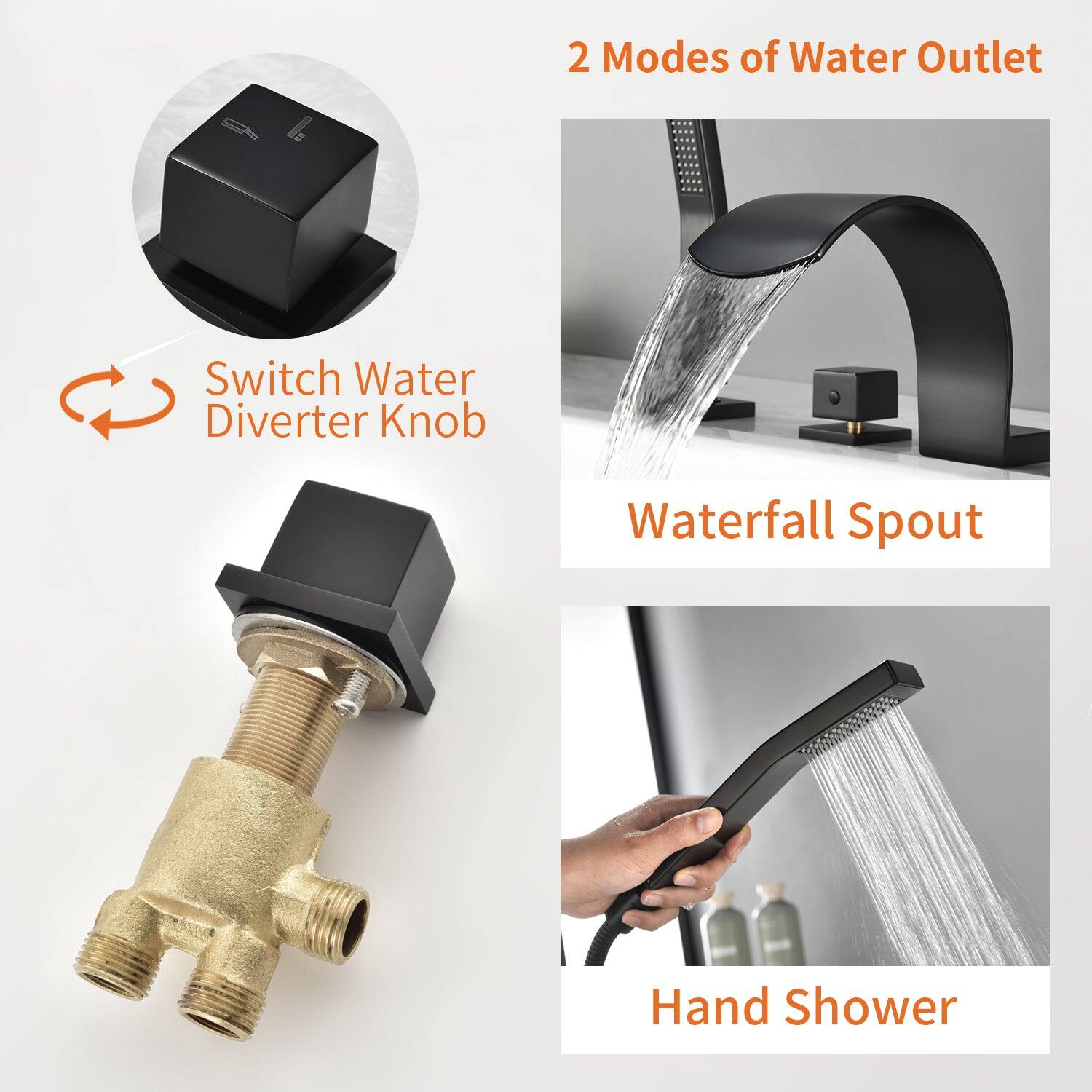 2 Modes of Water Outlet

Switch Water Diverter Knob

Waterfall Spout

Hand Shower