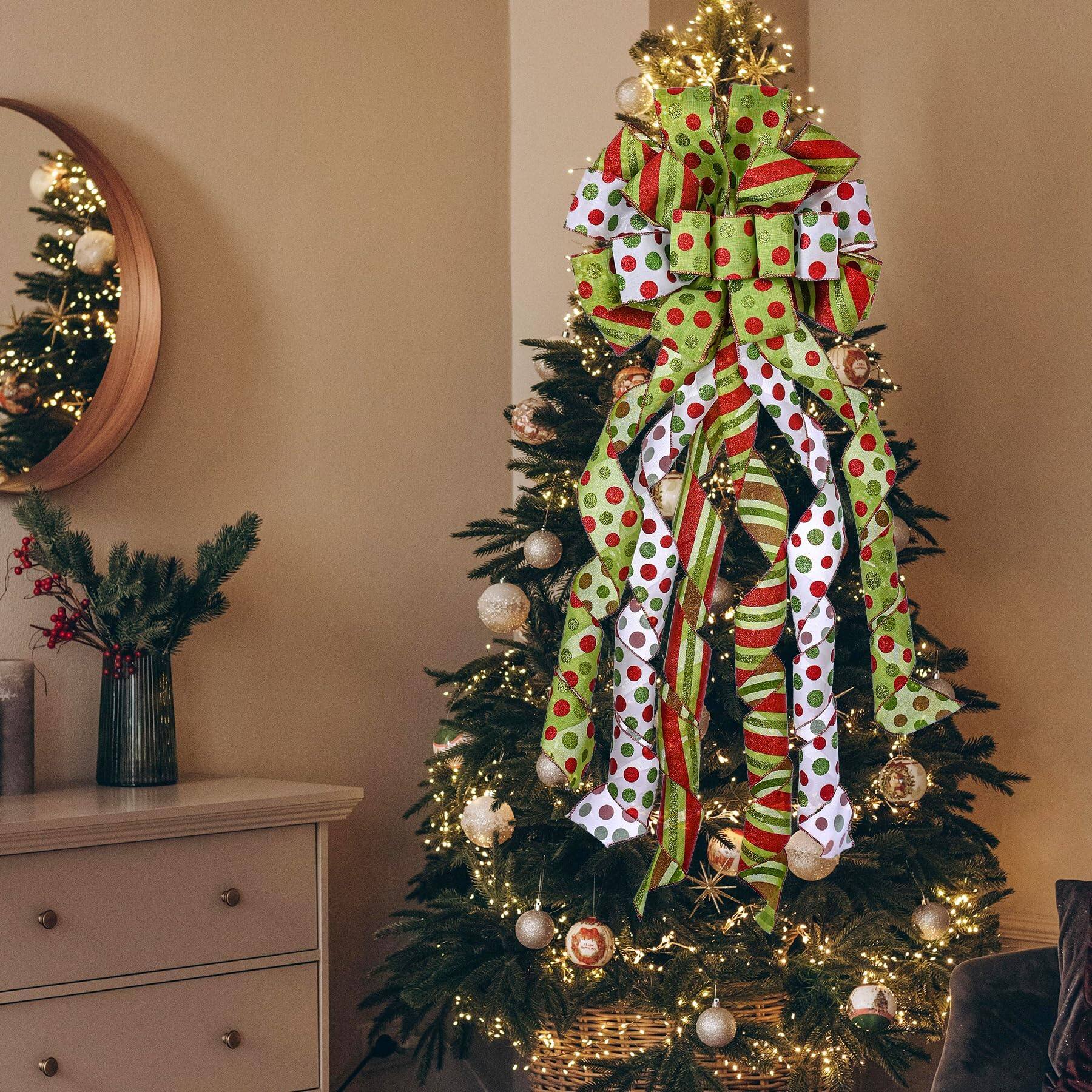 Alt View 2. PARKER SLATER - Christmas Tree Topper Wreath Bow Large Green Red Dot Polyester Gift Bows For Xmas Ornament Holiday Home - Lightgreen Dots & Strip.