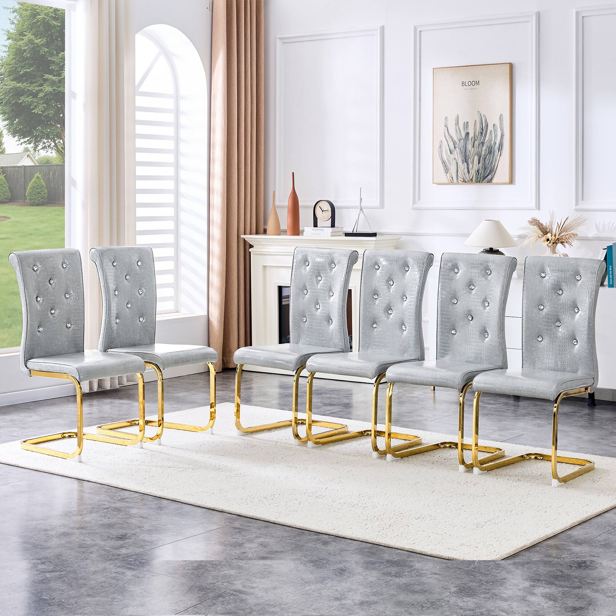 Alt View 1. Loheer - Set of 2 Faux Leather Dining Chairs Retro Alligator Skin Gold Bow Leg Crystal Tufted Seating 16.4x22.4x39.6 inches - Gray.
