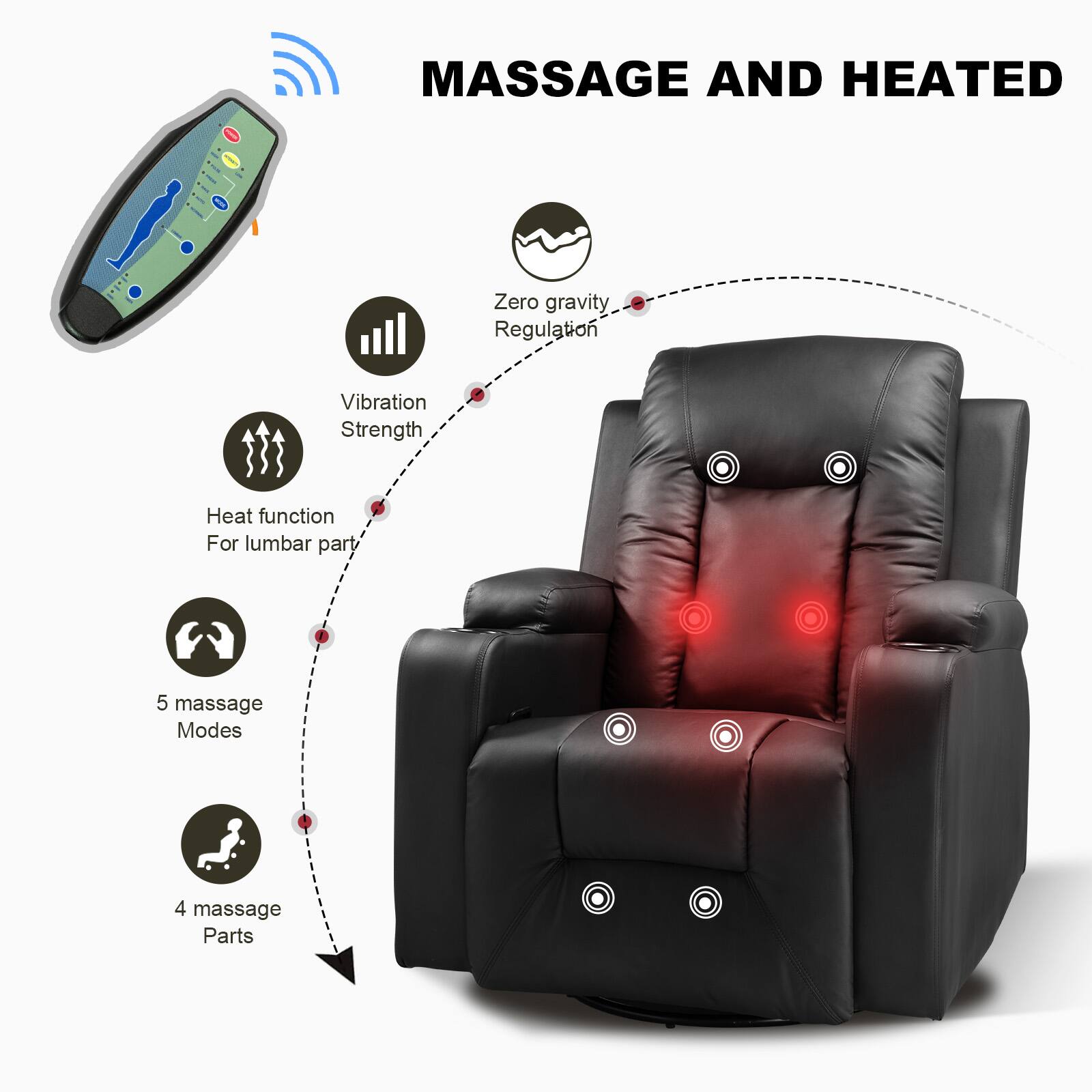 MASSAGE AND HEATED
Zero gravity Regulation
Vibration Strength
Heat function For lumbar part
5 massage Modes
4 massage Parts