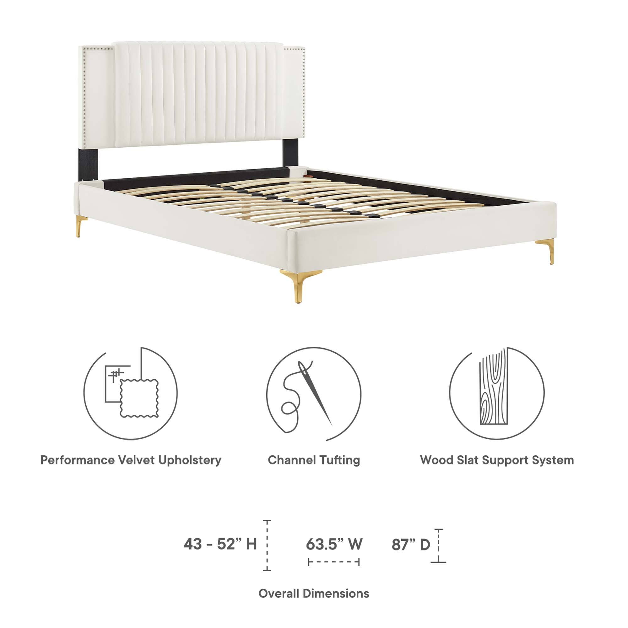 Performance Velvet Upholstery  
Channel Tufting  
Wood Slat Support System  

43 - 52" H  
63.5" W  
87" D  

Overall Dimensions