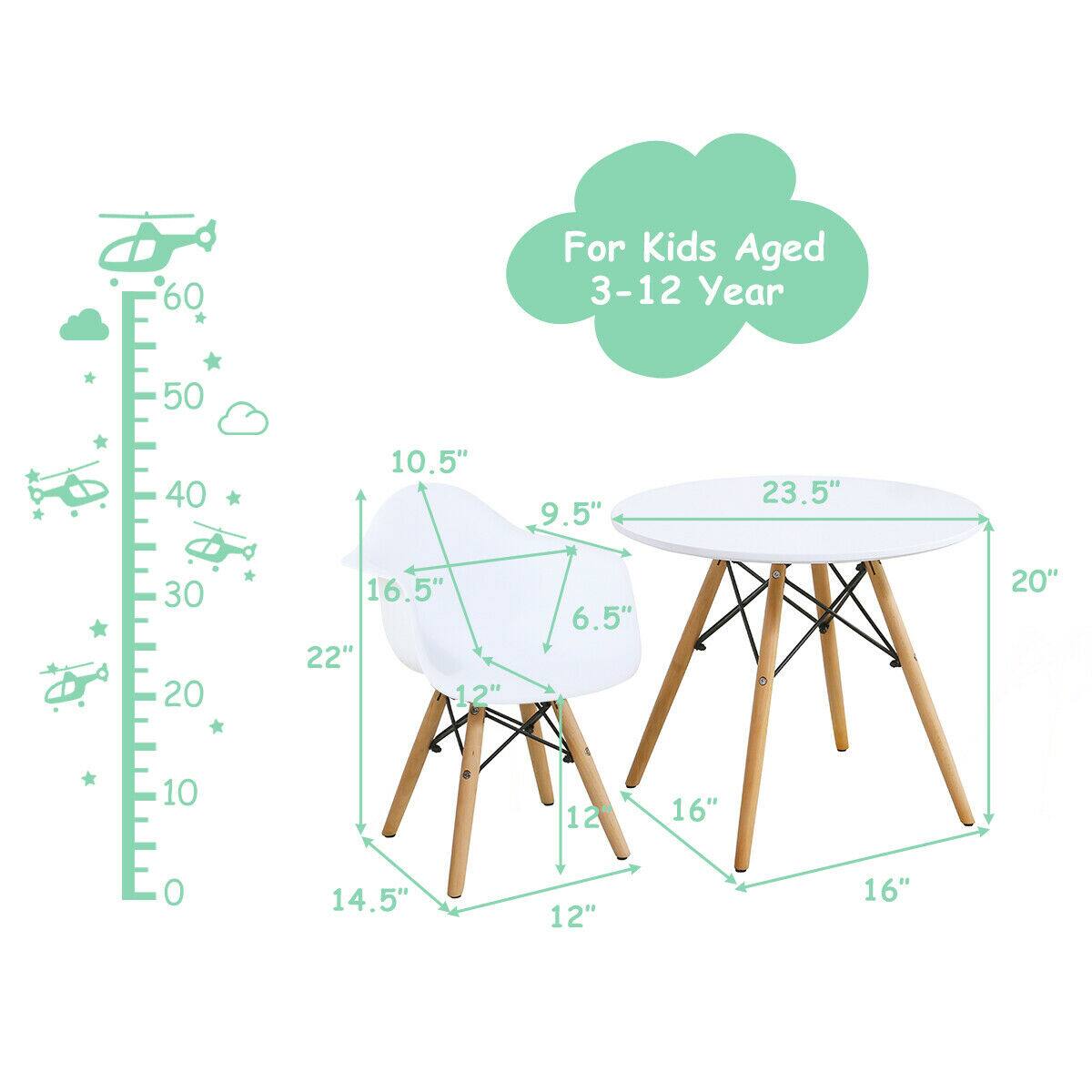 For Kids Aged 3-12 Year

- Height: 23.5"
- Diameter: 20"
- Seat Height: 6.5"
- Seat Depth: 9.5"
- Table Height: 16"
- Table Width: 22"
- Base Width: 14.5"
- Base Depth: 16.5"