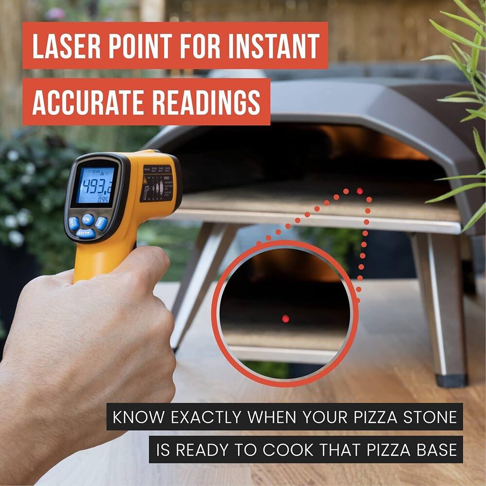 LASER POINT FOR INSTANT ACCURATE READINGS

KNOW EXACTLY WHEN YOUR PIZZA STONE IS READY TO COOK THAT PIZZA BASE