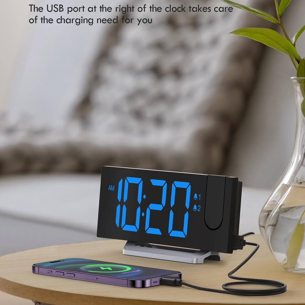 The USB port at the right of the clock takes care of the charging need for you.