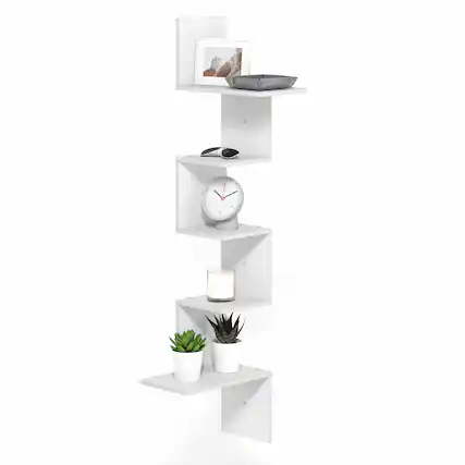 Front. Furinno - ROSSI Easy Assembly Corner Floating Shelves for Wall, Corner Rectangular Wall Shelf, S-shape Radial Floating Book Shelf - White.