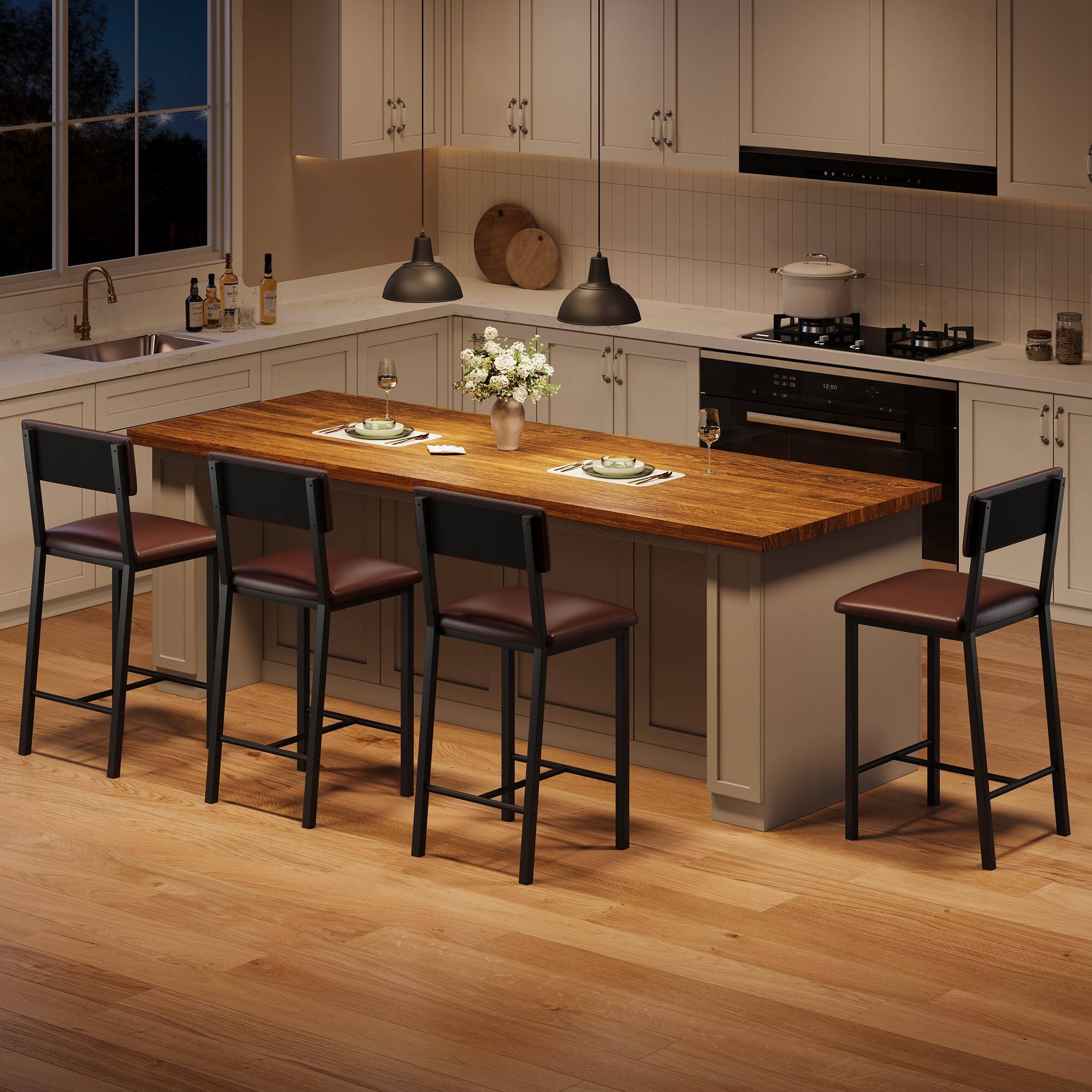 Alt View 1. Babevy - Bar Stools Set of 4, PU Leather Counter Height Bar Stools with Backrest and Footrest,Tall Bar Stool with Thick Cushion - Brown.