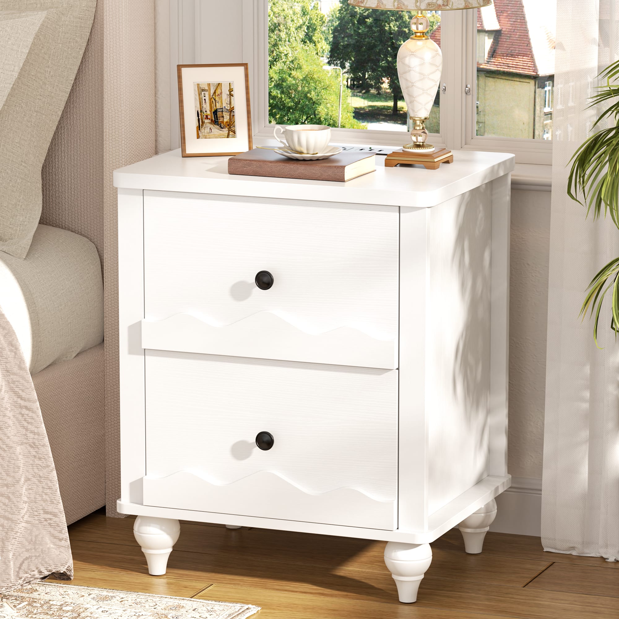 Aheaplus - Nightstand with 2 Drawers, Farmhouse Nightstand with Charging Station - White