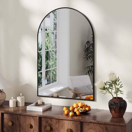 Front. Homhougo - Arched Black Mirror Rust-Resistant Metal Frame Tempered Glass Wall Mounted.