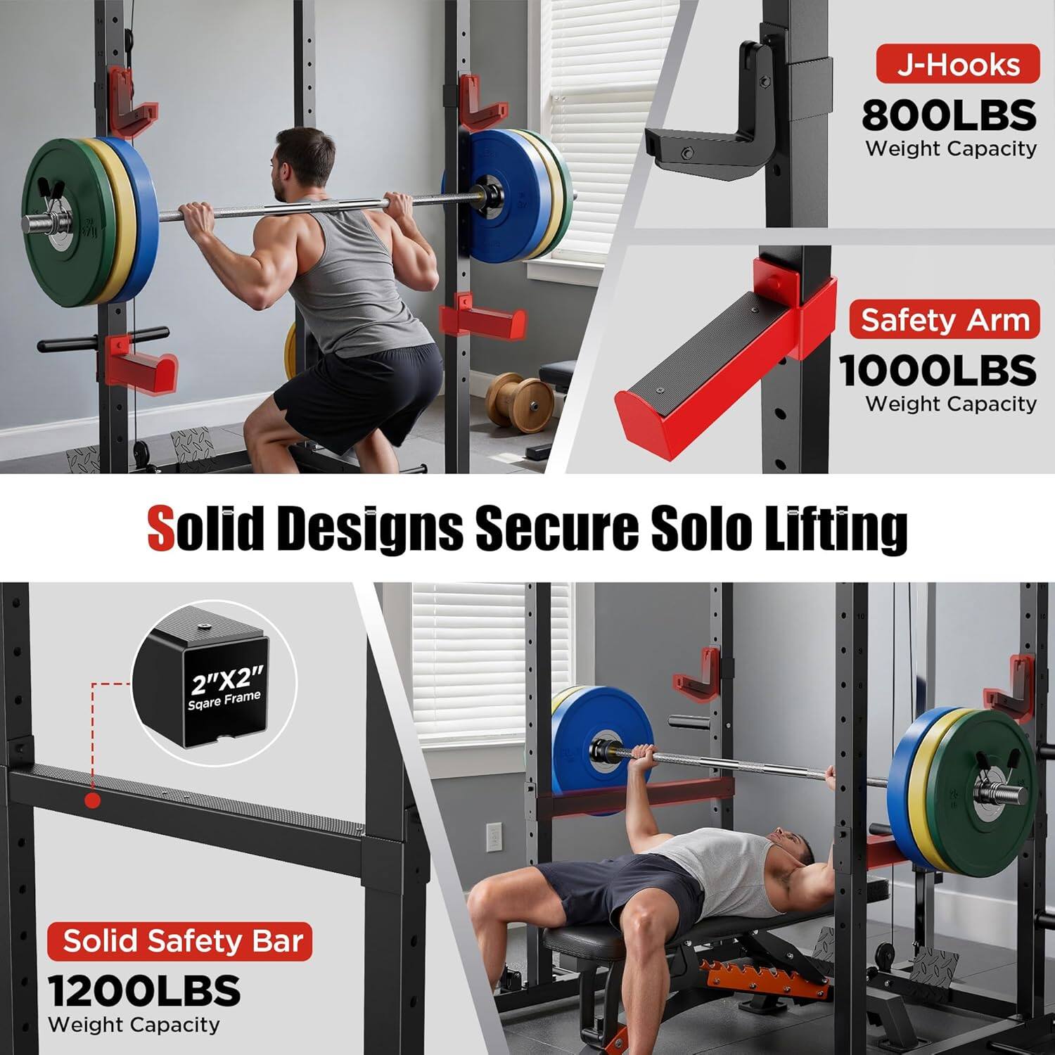 Sure, here is the corrected and grouped text from the image:

---

**Solid Designs Secure Solo Lifting**

- **J-Hooks**
  - 800LBS Weight Capacity

- **Safety Arm**
  - 1000LBS Weight Capacity

- **Solid Safety Bar**
  - 1200LBS Weight Capacity

- **2"X2" Square Frame**

---