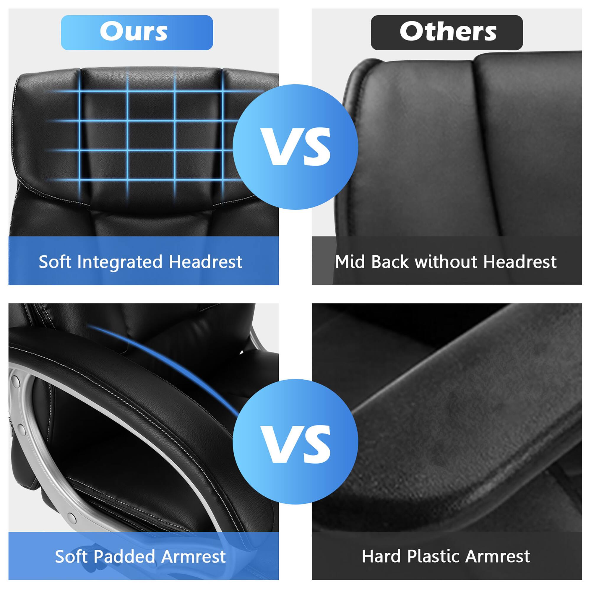 Ours Others VS Soft Integrated Headrest Mid Back without Headrest VS Soft Padded Armrest Hard Plastic Armrest