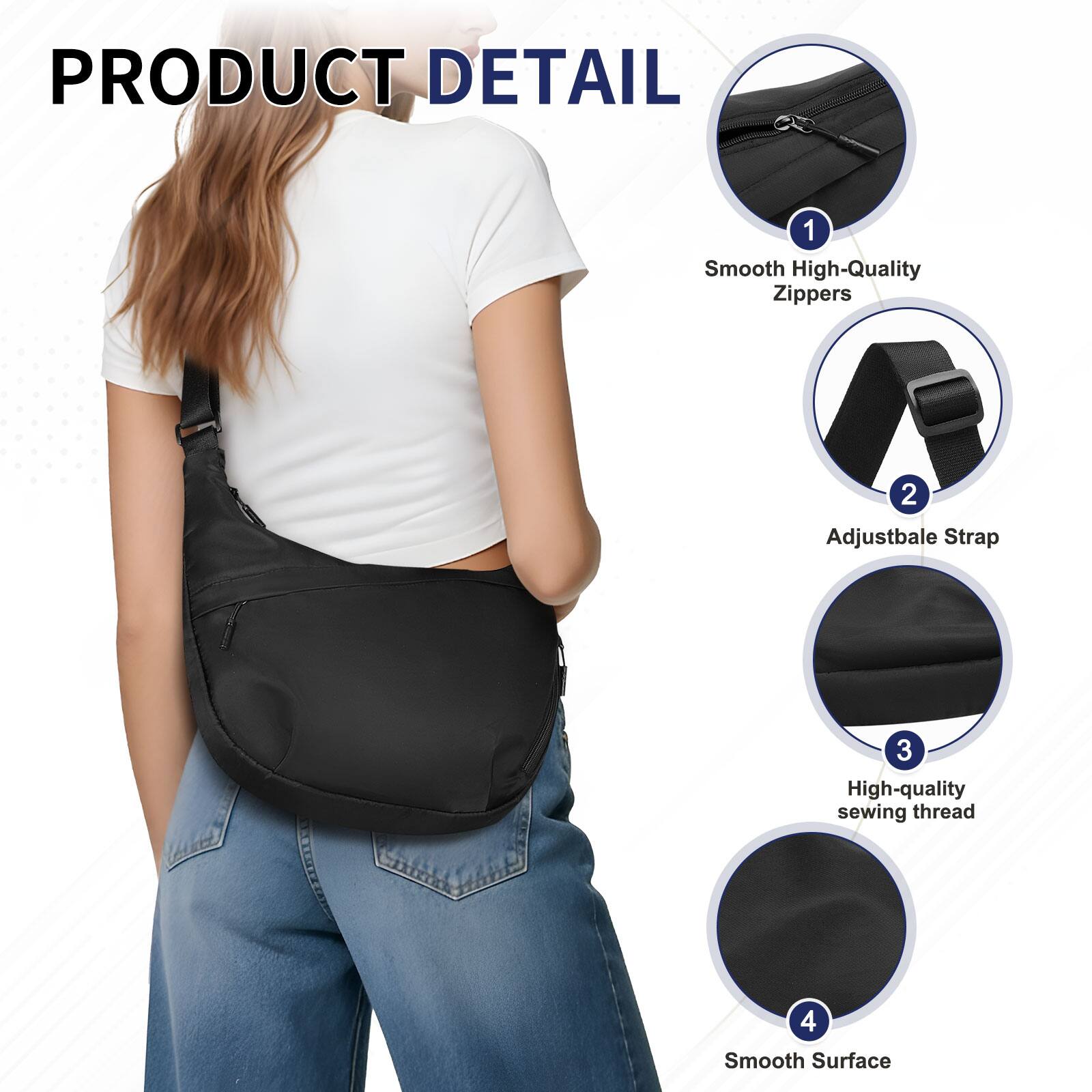 PRODUCT DETAIL

1. Smooth High-Quality Zippers
2. Adjustable Strap
3. High-quality sewing thread
4. Smooth Surface
