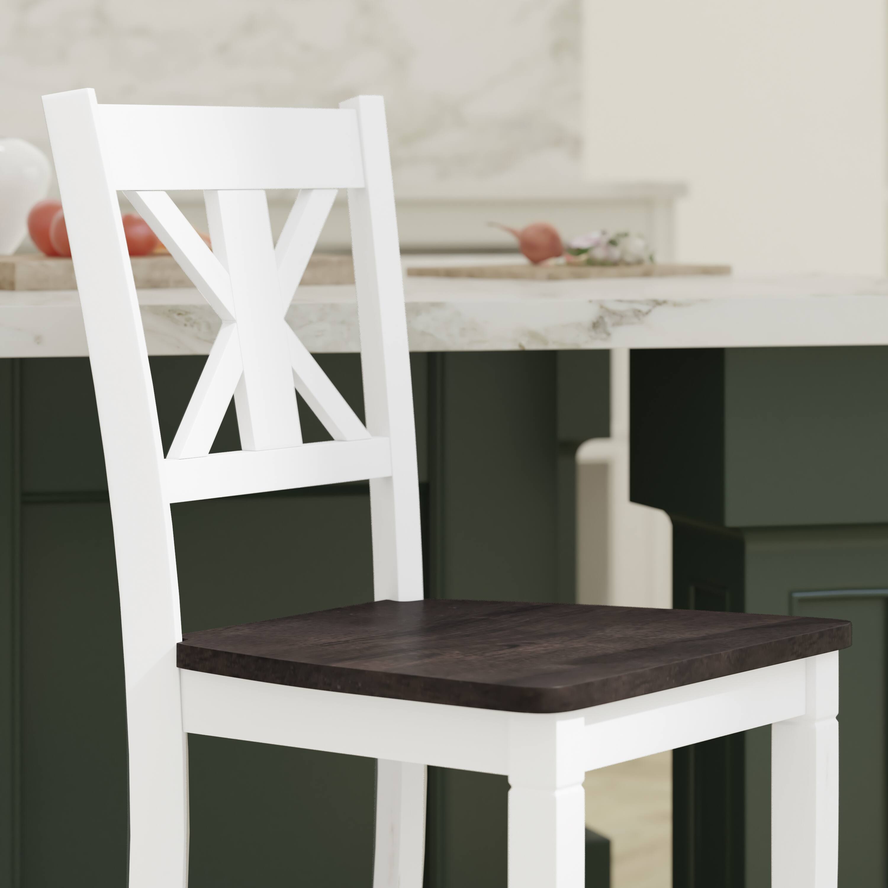 Alt View 5. Emma + Oliver - Lara Set of 2 Wooden Modern Farmhouse Bar Height Dining Stool with Decorative Carved Backrest and Wood Seat - White Wash.