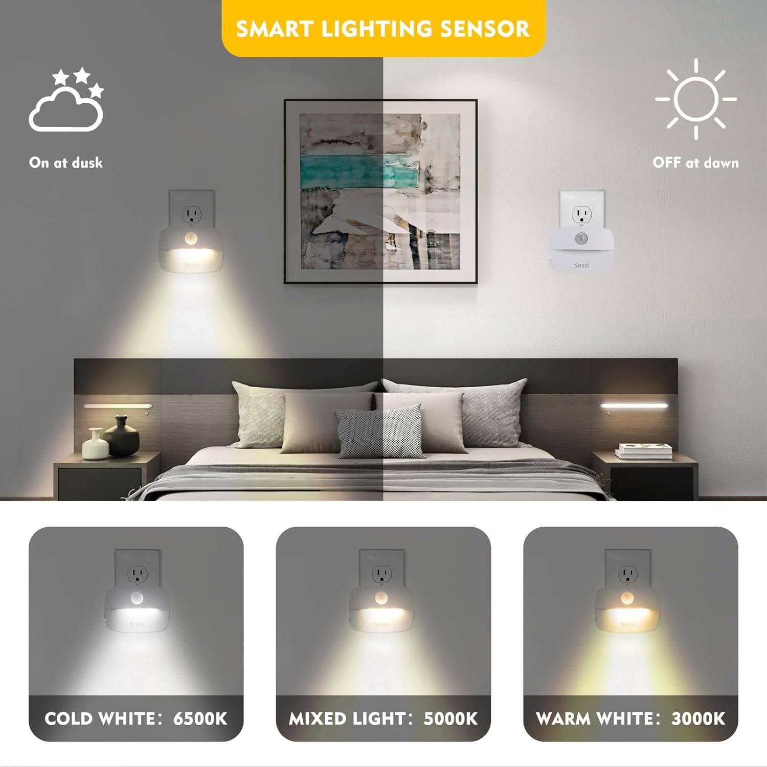 SMART LIGHTING SENSOR

On at dusk  
OFF at dawn

COLD WHITE: 6500K  
MIXED LIGHT: 5000K  
WARM WHITE: 3000K