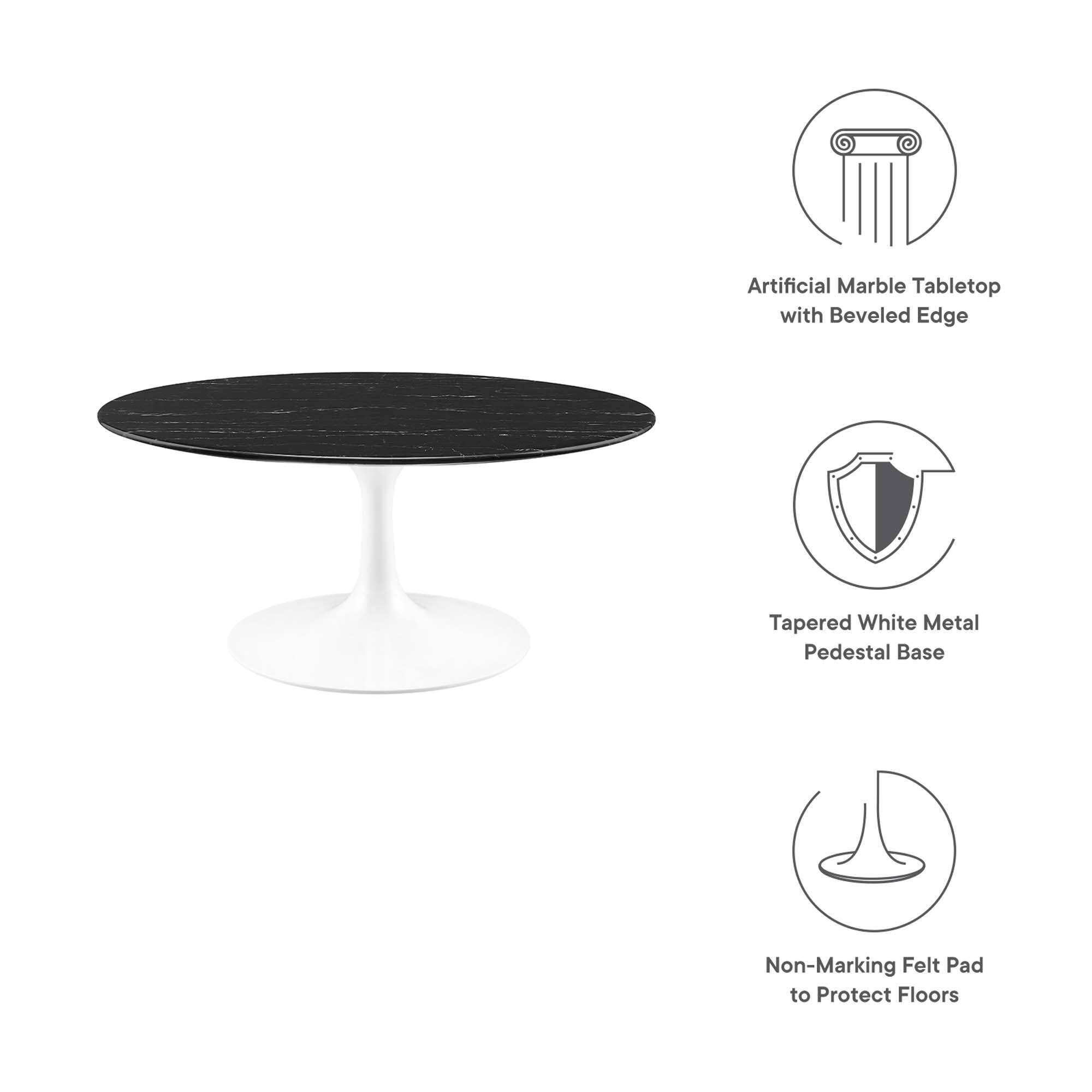 Artificial Marble Tabletop with Beveled Edge  
Tapered White Metal Pedestal Base  
Non-Marking Felt Pad to Protect Floors