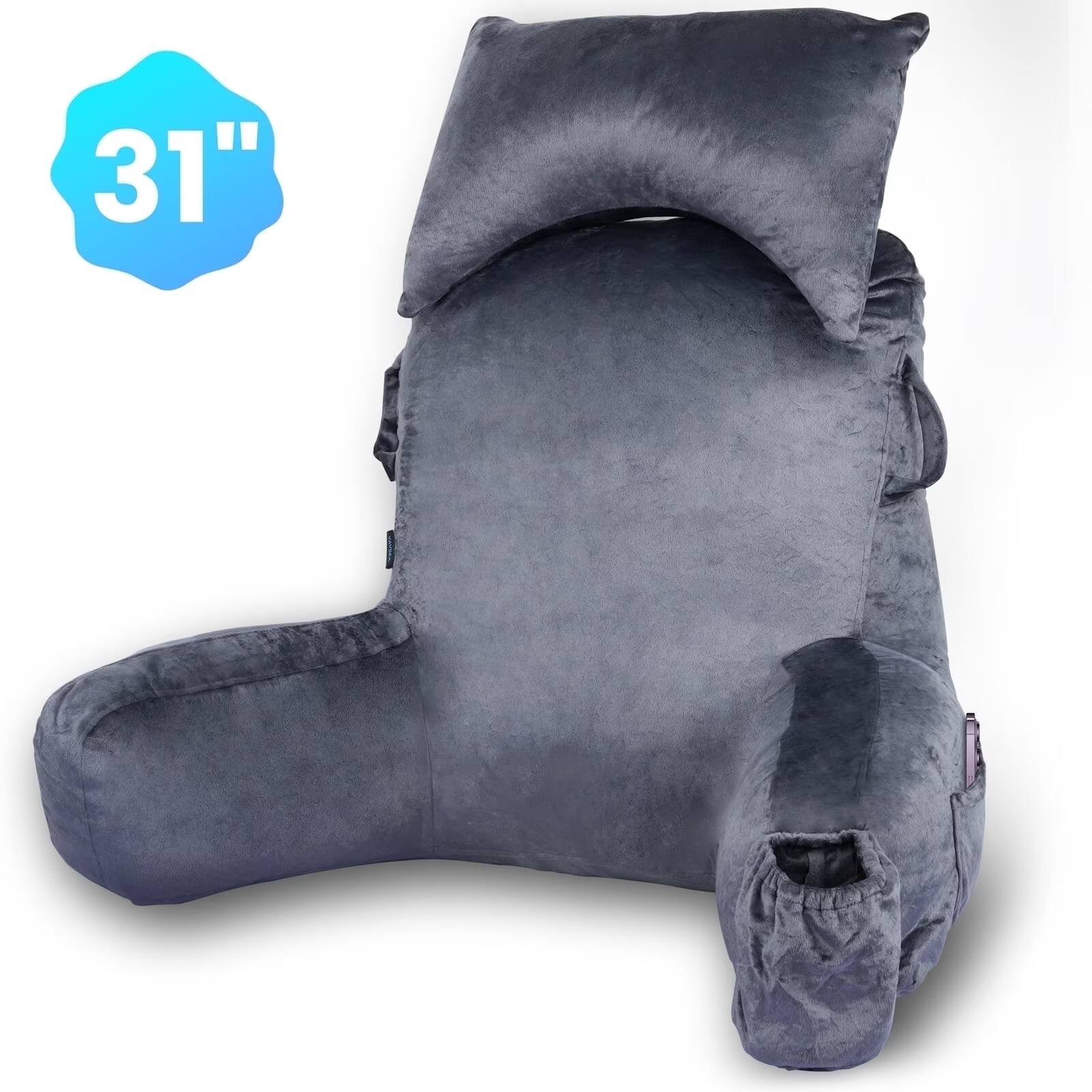 Front. VAVSEA - Extra Large Reading Pillow with Arms and Detachable Neck Roll 4 Pockets for Bed Rest TV Watching Gaming - Gray.