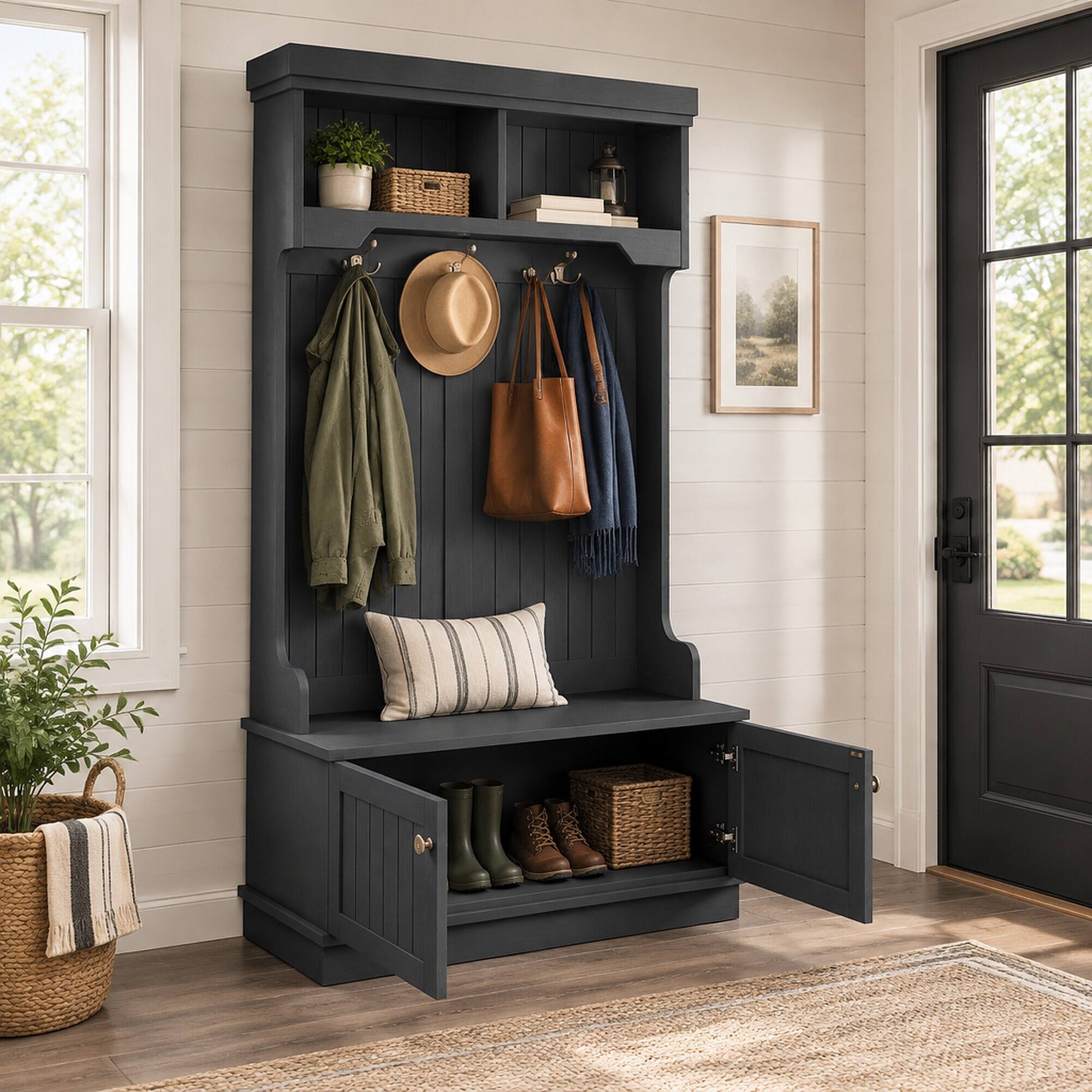 Left. RYHNUYNE - 4-in-1 Hall Tree, Storage Shoe Bench, Coat Rack with Hooks, Black Entryway Organizer - Black.