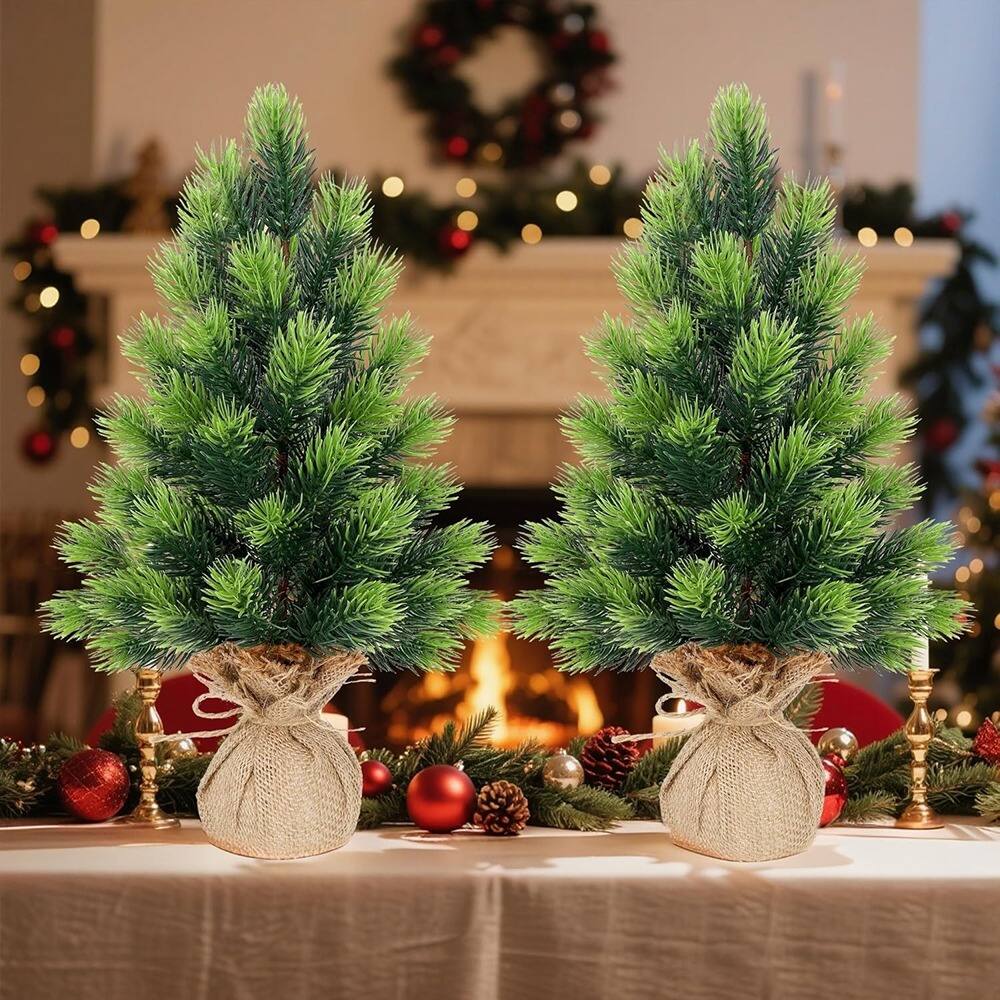Back. RTMB - 2-Pack 16.5" Mini Artificial Christmas Trees with Burlap Base, Green Pine - Green.