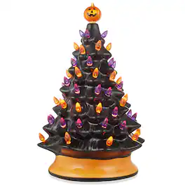 Casafield - 15-in Hand Painted Ceramic Pre-Lit Halloween Tree w Pumpkin and Star - Black