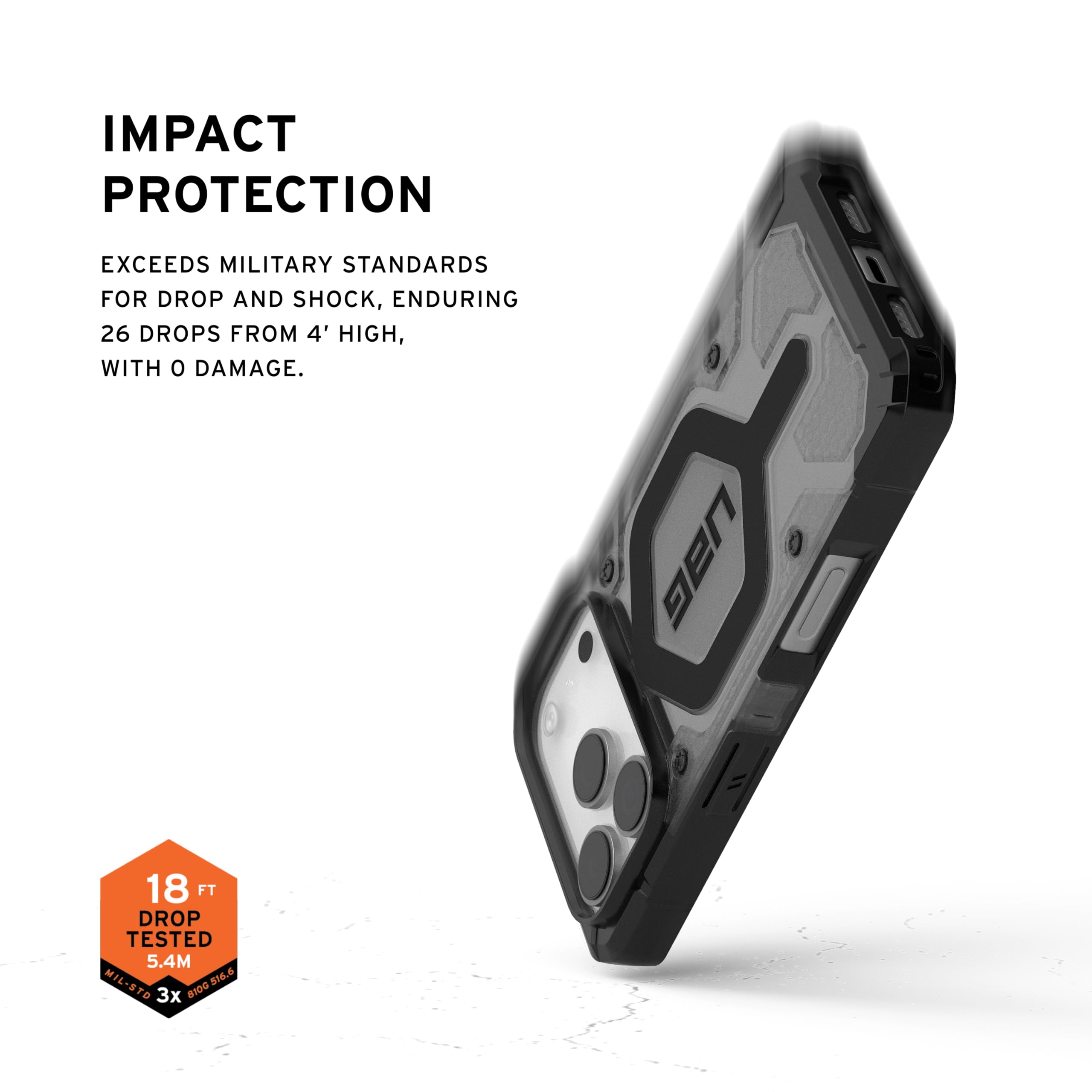 IMPACT PROTECTION

EXCEEDS MILITARY STANDARDS FOR DROP AND SHOCK, ENDURING 26 DROPS FROM 4' HIGH, WITH 0 DAMAGE.

UAG 18 FT DROP TESTED 5.4M MIL-STD 8100.536.6 816.6 3x 81D6