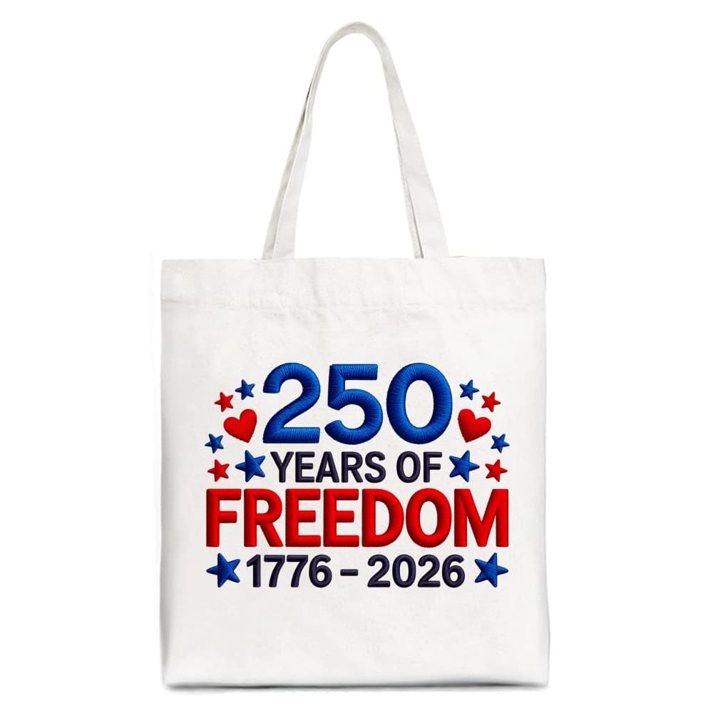 OrnamentallyYou - 250 Years Freedom Faux Varsity Patch Tote Bag, 4th of July USA Patriotic 1776–2026 Gift Shopper - White