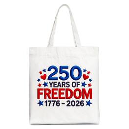 OrnamentallyYou - 250 Years Freedom Faux Varsity Patch Tote Bag, 4th of July USA Patriotic 1776–2026 Gift Shopper - White