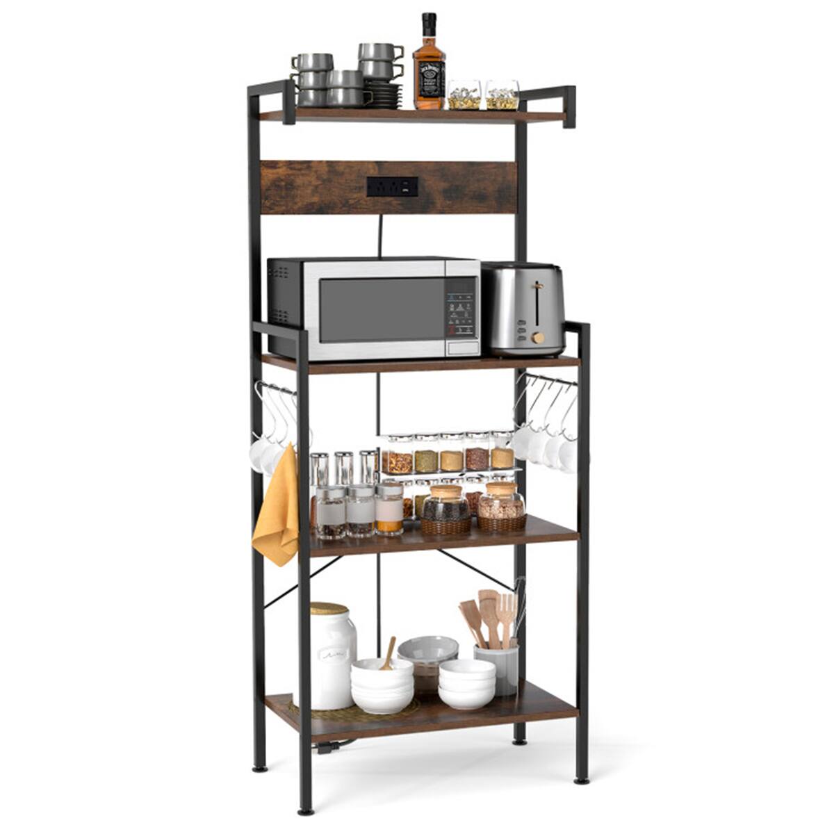SlickBlue - Modern 4-Tier Kitchen Storage Rack with Electrical Outlets, Space-Saving Organizer for Kitchen, Dining, or Office - Rustic Brown