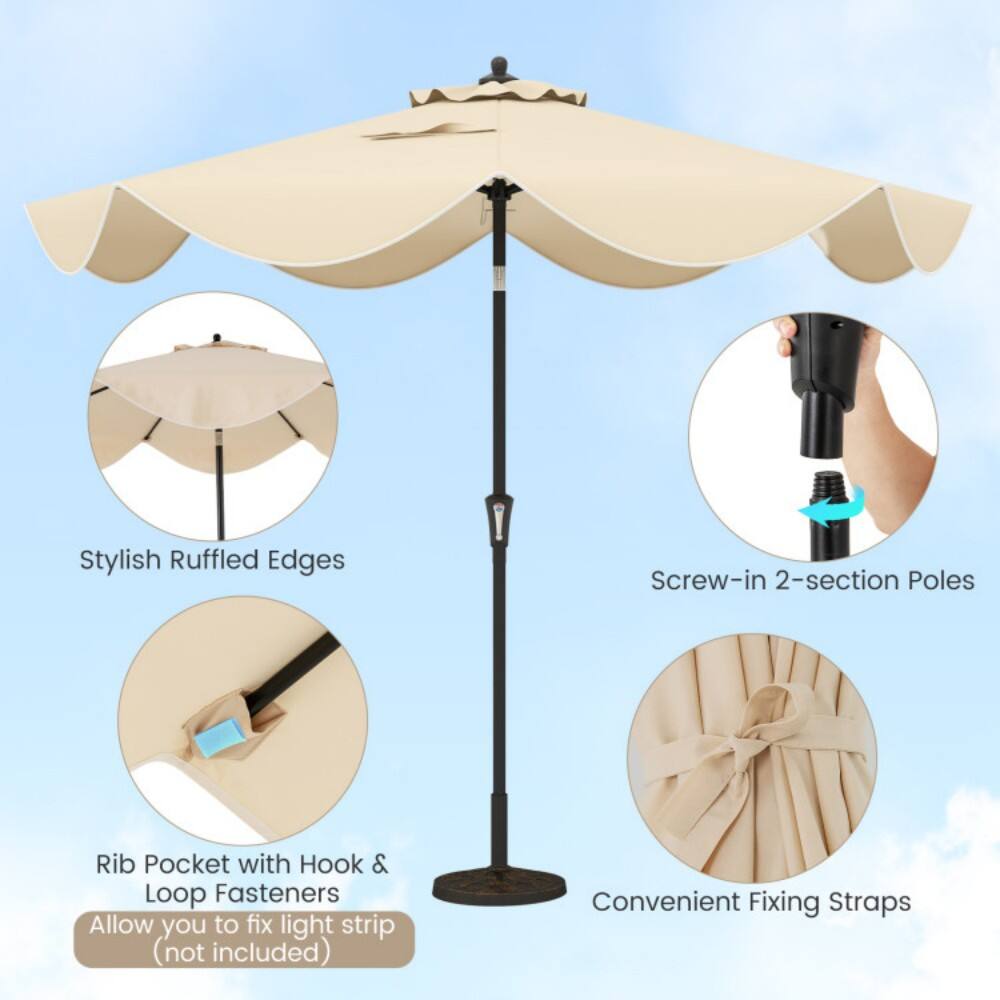 Stylish Ruffled Edges  
Screw-in 2-section Poles  
Rib Pocket with Hook & Loop Fasteners  
Allow you to fix light strip (not included)  
Convenient Fixing Straps