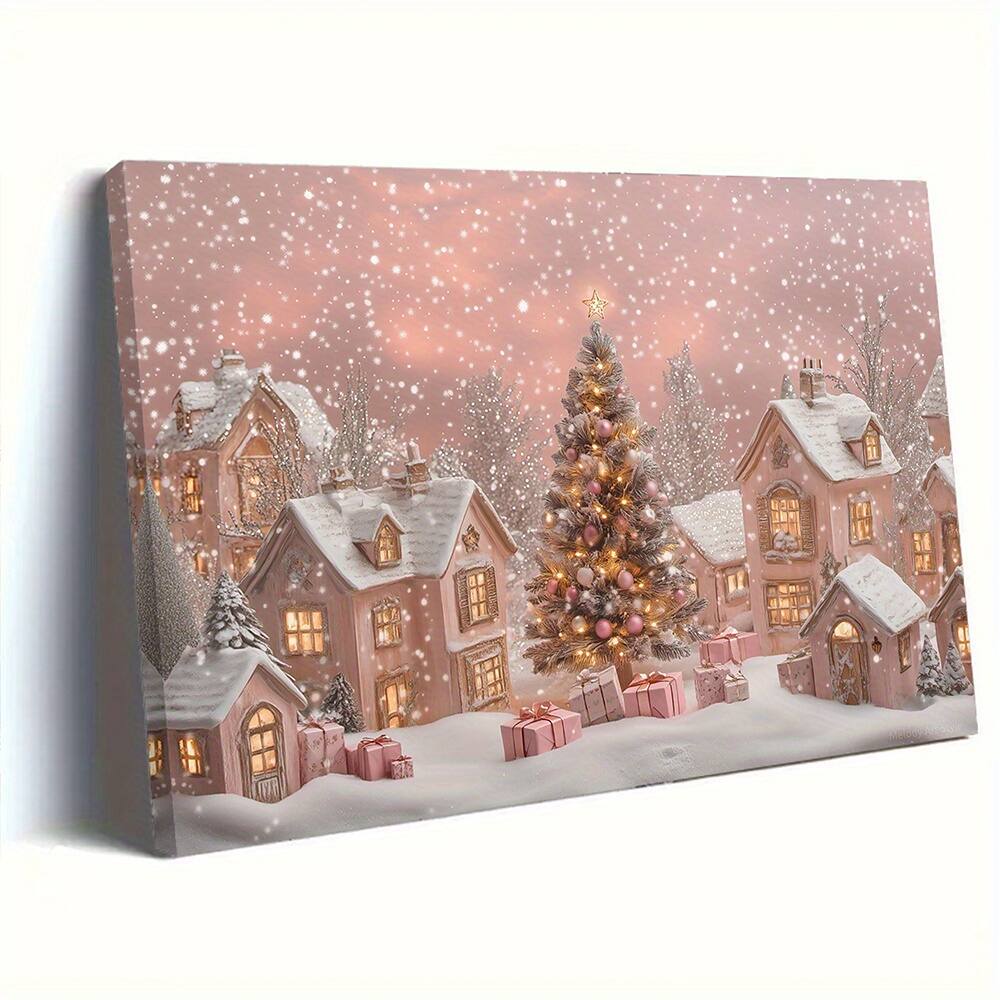 blue - 1pcs wood frame canvas painting, pink snow scene Christmas village wall art print, festive wonderland oil painting Chri - Color:24*18inch