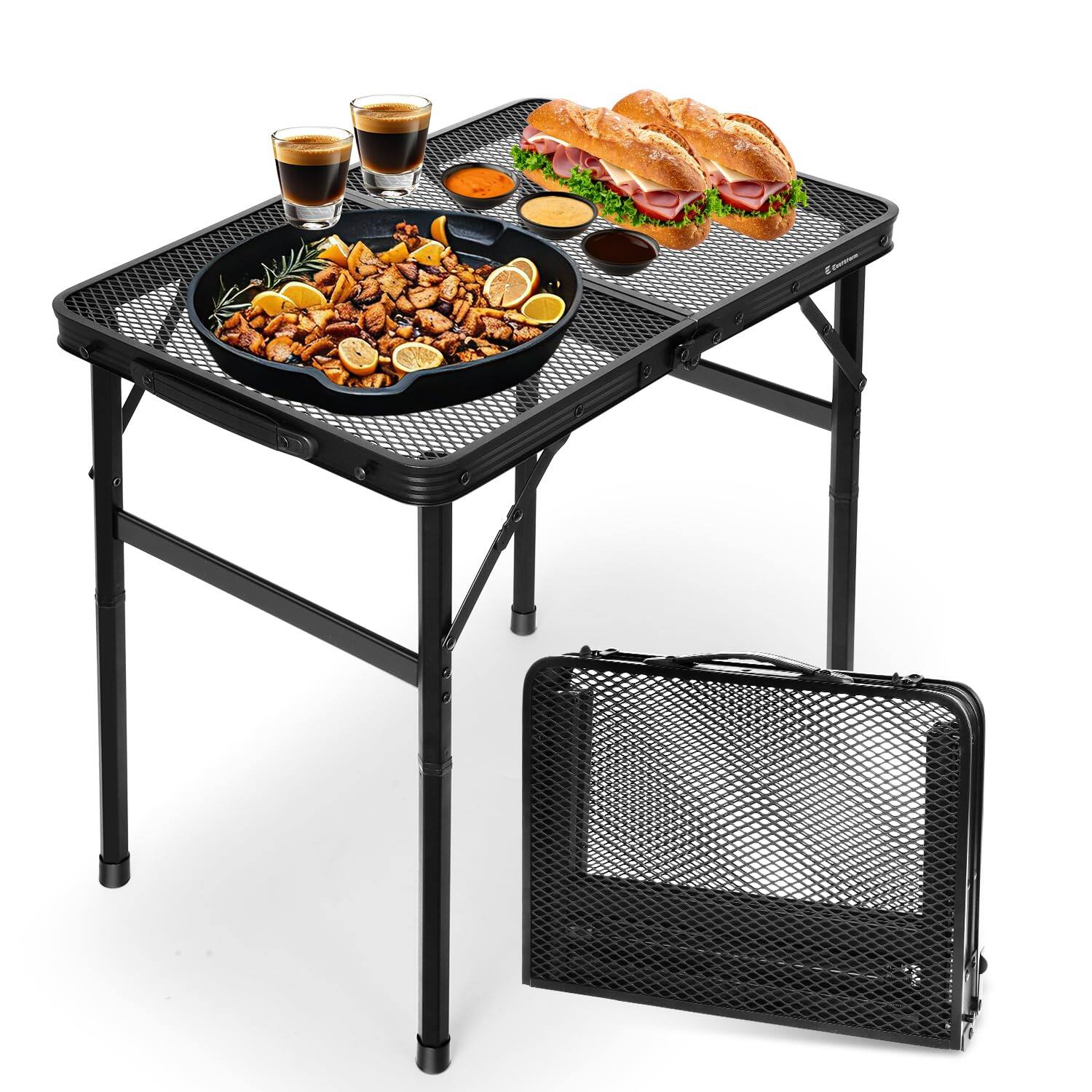 Alt View 6. JETRANSPORT - 2ft Small Folding Table With Carry Handle  Adjustable Height 10.6-22 In Black Metal Mesh Portable & Compact In - Silver Square - 27.2"L x 27.2"W x 12.2"/26"H.