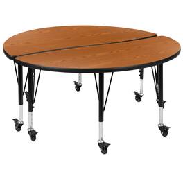Flash Furniture - Emmy 2 Piece Mobile 47.5" Circle Wave Flexible Oak Thermal Laminate Kids Adjustable Activity Table Set - Brown