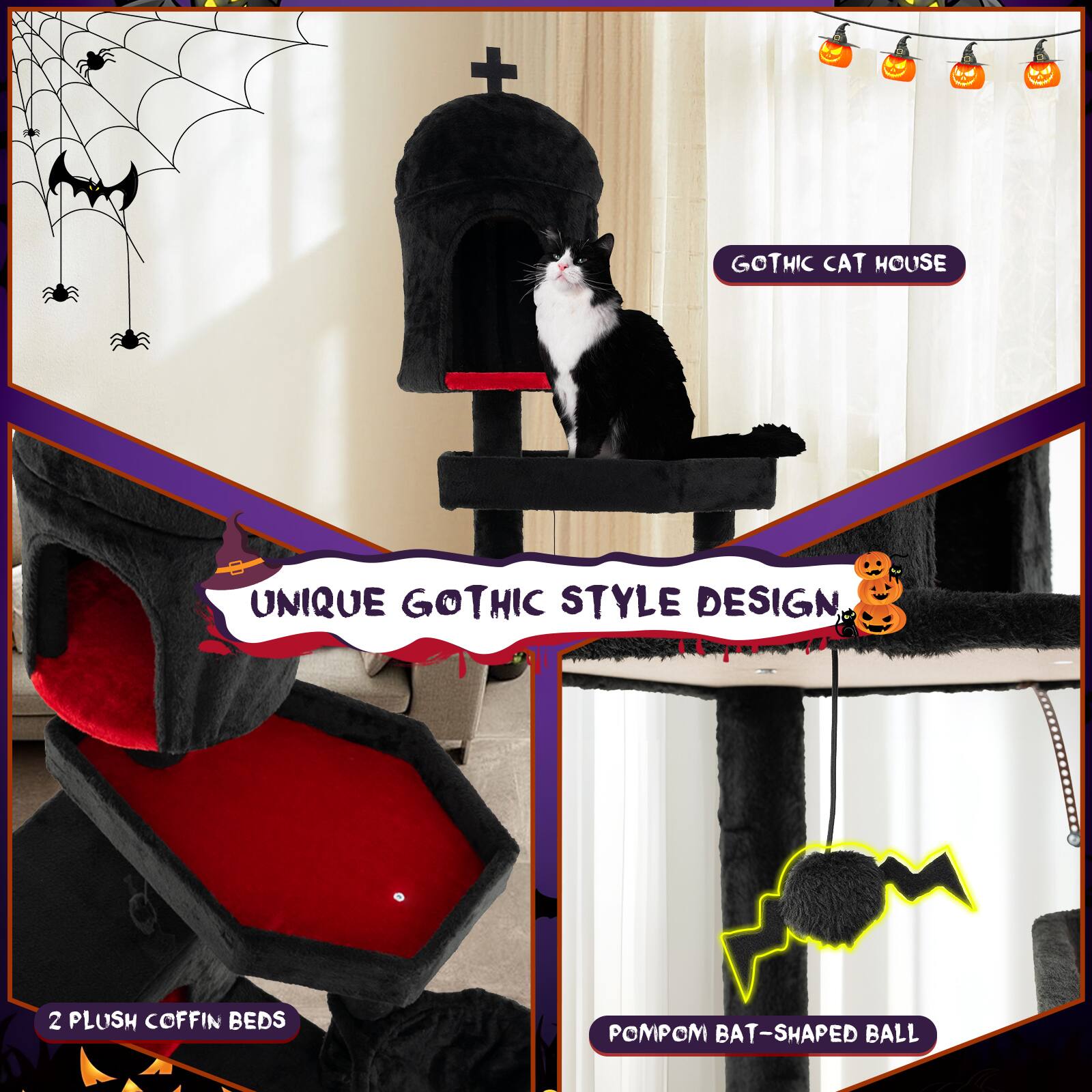 GOTHIC CAT HOUSE  
UNIQUE GOTHIC STYLE DESIGN  
2 PLUSH COFFIN BEDS  
POMPOM BAT-SHAPED BALL
