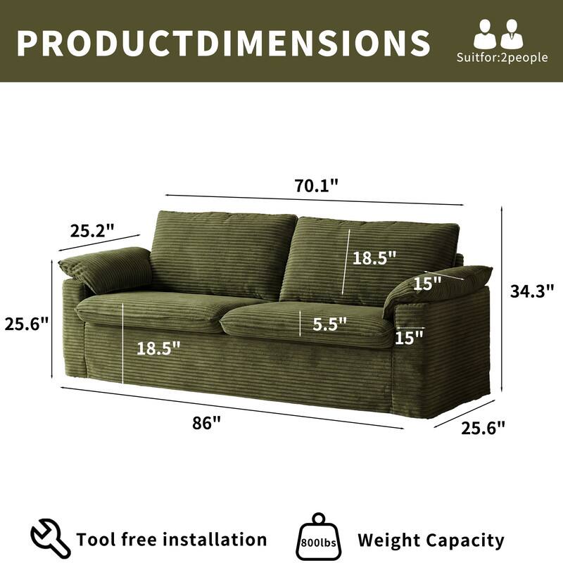 PRODUCT DIMENSIONS  
Suit for: 2 people  

70.1"  
25.2"  
18.5"  
15"  
34.3"  
25.6"  
18.5"  
5.5"  
15"  
86"  
25.6"  

Tool free installation  
800lbs Weight Capacity