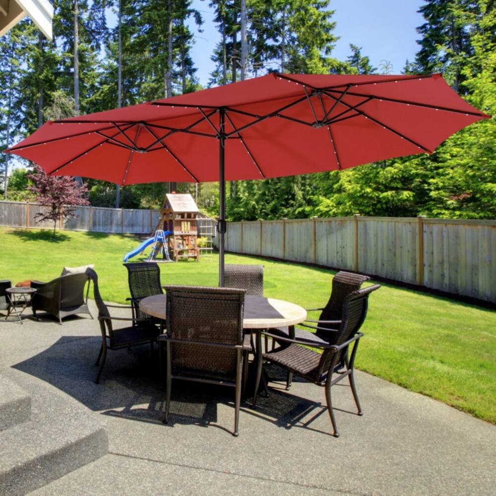 Angle. Mondawe - 15 Feet Twin Patio Umbrella with 48 Solar LED Lights - Dark Red.