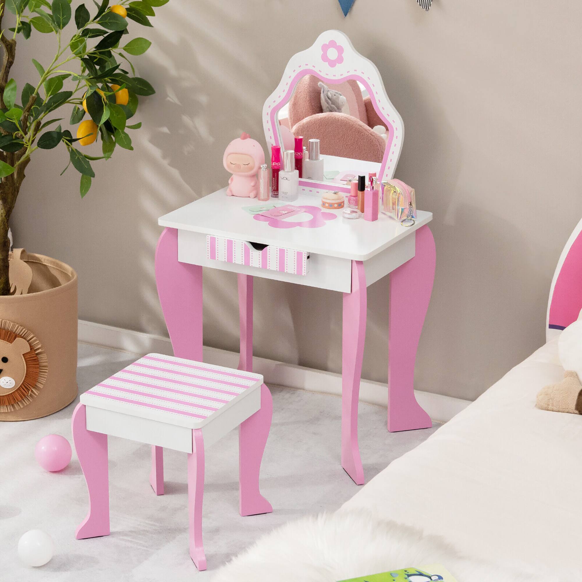 Gymax - Kid Vanity Set Wooden Makeup Table Stool w/ Mirror Flower Print Pink - White