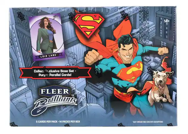 Sure, here is the corrected and grouped text from the image:
---
**FLEER Brilliance**
**14+**
**Collective Base Set - Purple Parallel Cards!**
**LOIS LANE**
**5 CARDS PER PACK - 14 PACKS PER BOX**
**MAY CONTAIN TIME-SENSITIVE REDEMPTIONS**
---
This text is organized to reflect the information on the packaging accurately.