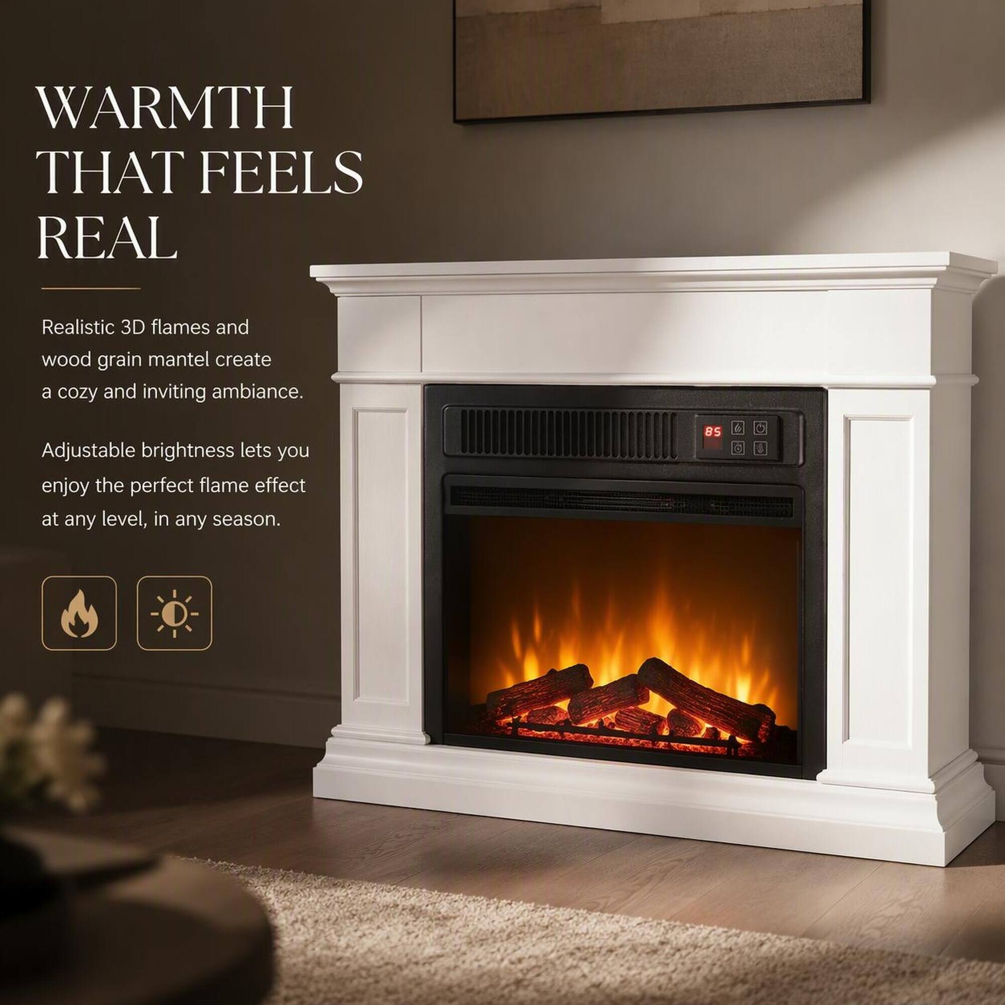 WARMTH THAT FEELS REAL

Realistic 3D flames and wood grain mantel create a cozy and inviting ambiance. Adjustable brightness lets you enjoy the perfect flame effect at any level, in any season.
