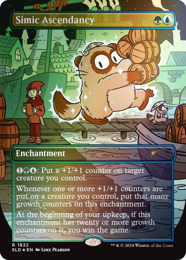 Simic Ascendancy  
Enchantment  
1 {G}{U}: Put a +1/+1 counter on target creature you control. Whenever one or more +1/+1 counters are put on a creature you control, put that many growth counters on this enchantment. At the beginning of your upkeep, if this enchantment has twenty or more growth counters on it, you win the game.  
R 1832  
SLD EN  
Luke Pearson  
TM & © 2024 Wizards of the Coast