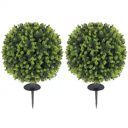 Homcom - Outdoor Faux Plants Set of 2 Artificial Boxwood Topiary Ball Bush 15.7" with Integrated Ground Stake, Indoor Outdoor UV - Green