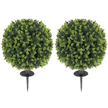 Front. Homcom - Outdoor Faux Plants Set of 2 Artificial Boxwood Topiary Ball Bush 15.7" with Integrated Ground Stake, Indoor Outdoor UV - Green.