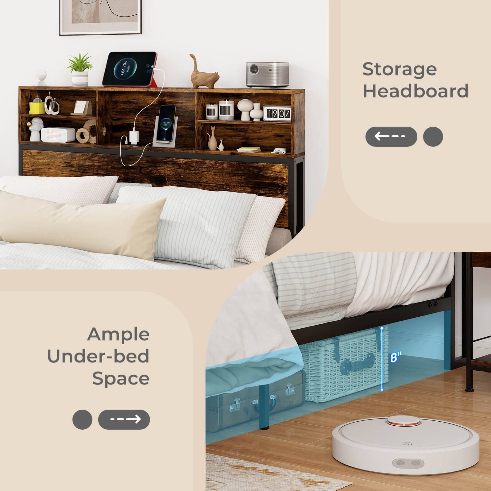 The text on the image is grouped as follows:

1. Storage Headboard: This is a storage headboard, which is a piece of furniture that combines a headboard with storage space.
2. Ample Under-bed Space: This refers to the under-bed storage space, which is a common feature in modern bedroom designs.
3. 8" (8 inches): This is a measurement, indicating the width of the under-bed storage space.

The text is correct and grouped properly.