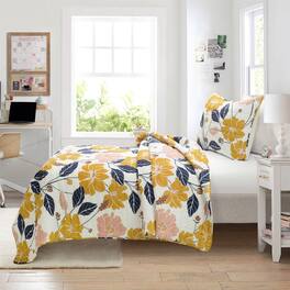 Hivvago - Twin/Twin XL Orange Yellow Pink Navy Blue Floral Flowers Lightweight Quilt Set - Yellow ,Pink ,Navy Blue