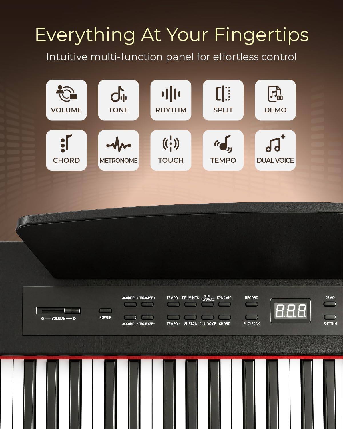 Everything At Your Fingertips  
Intuitive multi-function panel for effortless control

VOLUME  
TONE  
RHYTHM  
SPLIT  
DEMO  
CHORD  
METRONOME  
TOUCH  
TEMPO  
DUAL VOICE  

0  
VOLUME  
POWER  
ACCOM/10L TRANSPSE+ ACCOMOL TRAIRYSE-  
DUVAL TEMPO DRUM KITS KEYSOARD DYNAMIC TEMPO- SUSTAIN DUALVOICE CHORD  
RECORD PLAYBACK  
8.8.8.  
DEMO RHYTHM