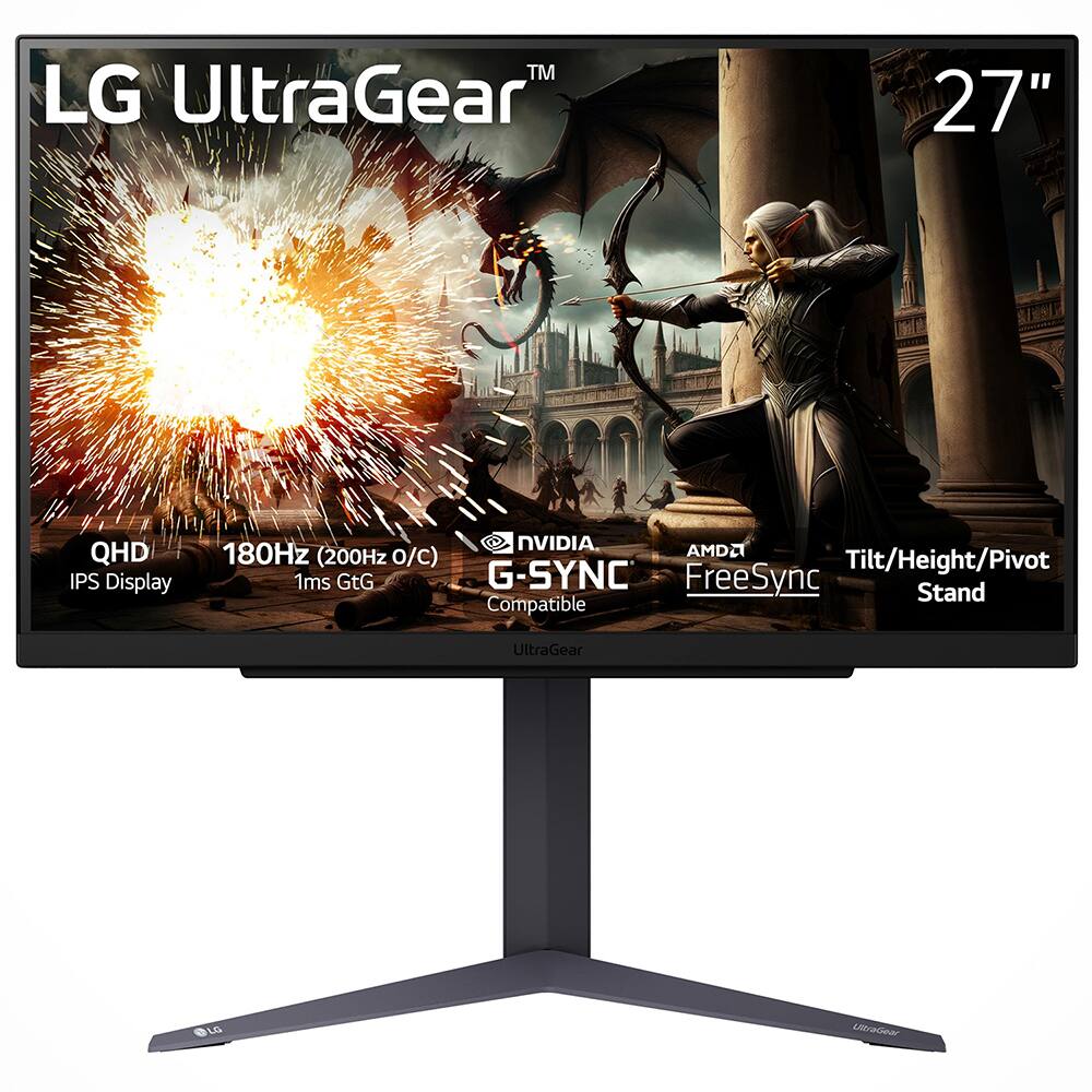 LG UltraGear 27" QHD IPS Display NVIDIA AMDA 180Hz (200Hz 0/C) Tilt/Height/Pivot 1ms GtG G-SYNC FreeSync Stand Compatible UltraGear