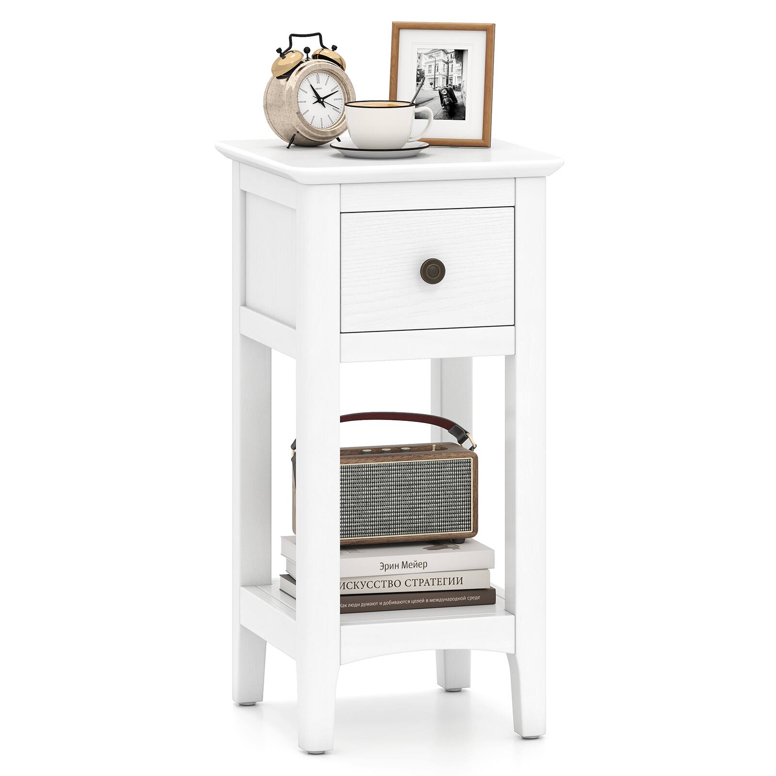 Gymax - Nightstand 3-Tier Bedside Table w/ Open Storage Shelf & Narrow Side Table - White
