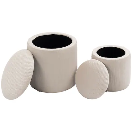 Front. Homcom - Stool, Ottoman with Storage Set of 2, Removable Wood Lid, Hidden Space - Cream White.